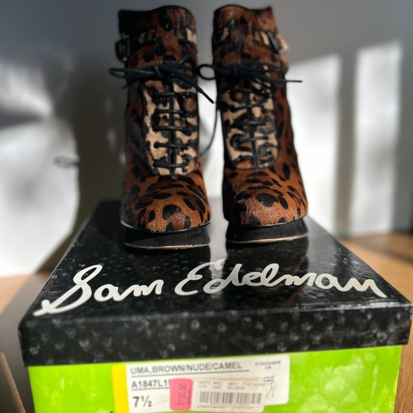 Sam Edelman Laced Stiletto Heel Bootie Animal Print Cheetah Leopard Brown Zebra - Picture 8 of 9